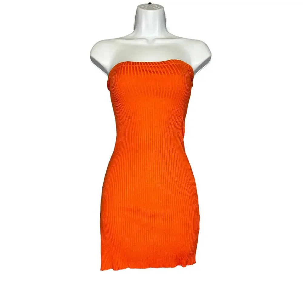 Revolve Orange Strapless Mini Dress SMALL Bodycon Tube Rib Knit H:ours $138 NEW - Picture 4 of 7